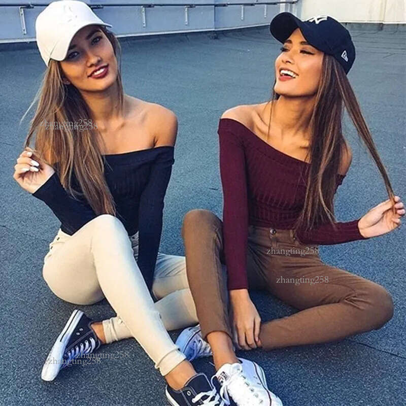 Wholesale- 2016 New Autumn Women Cotton Off the Shoulder Bra Strapless Long Sleeve Bodycon Short FemaleT-shirts Tops harajuku