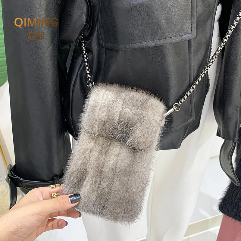 DHXJ 100% Real Mink Fur Crossbody Bags For Women Autumn Winter Plush Purses and Handbags Female Phone Shoulder Bag Wallet 241128