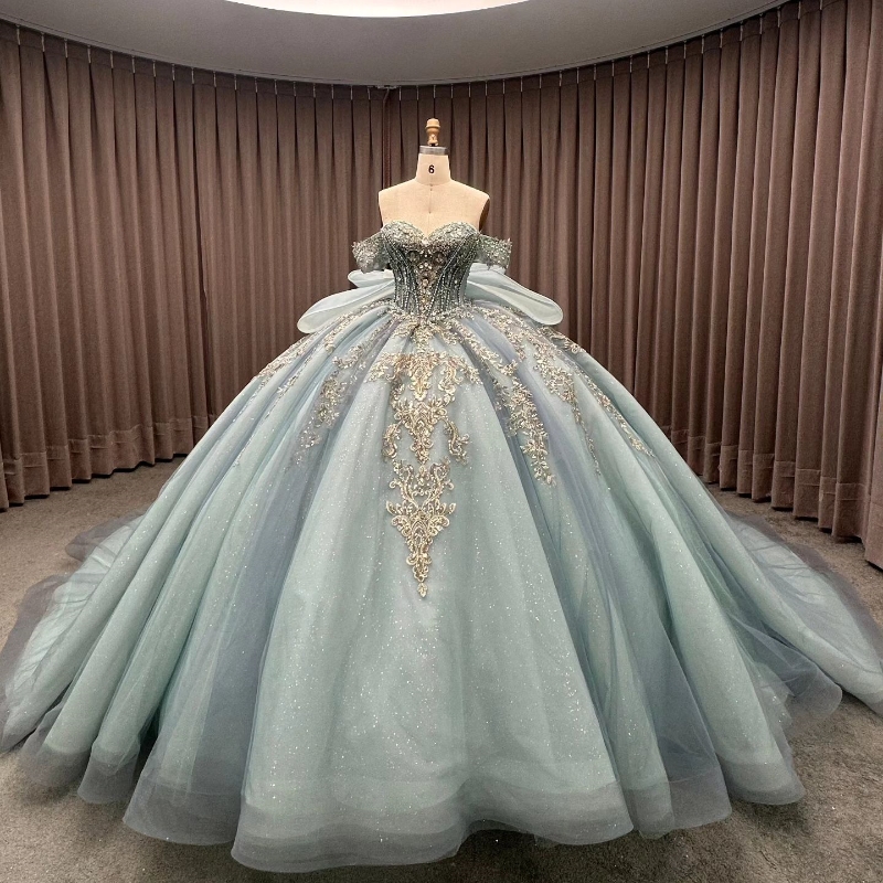 Luxury Light Sea Blue Shiny Quinceanera Dresses Crystals Beading Applique Bow Tull Vestidos De 15 Anos Birthday Party Corset Sweet 16 Dress