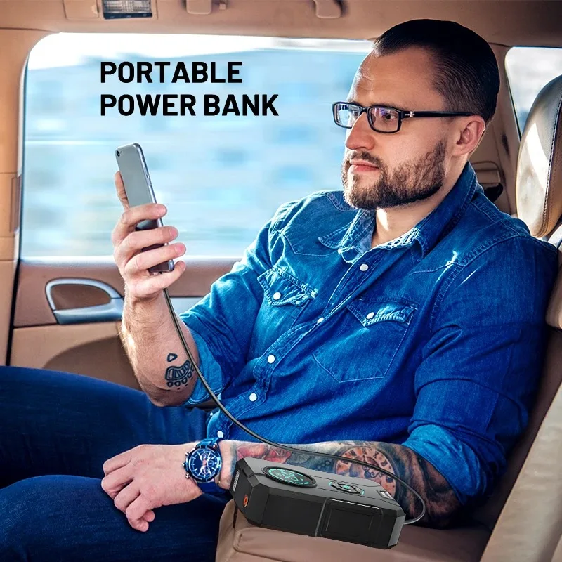 6 In 1 Car Jump Starter Air Pump Portable Air Compressor Power Bank Cars Battery Starters Starting Auto Tyre Inflator