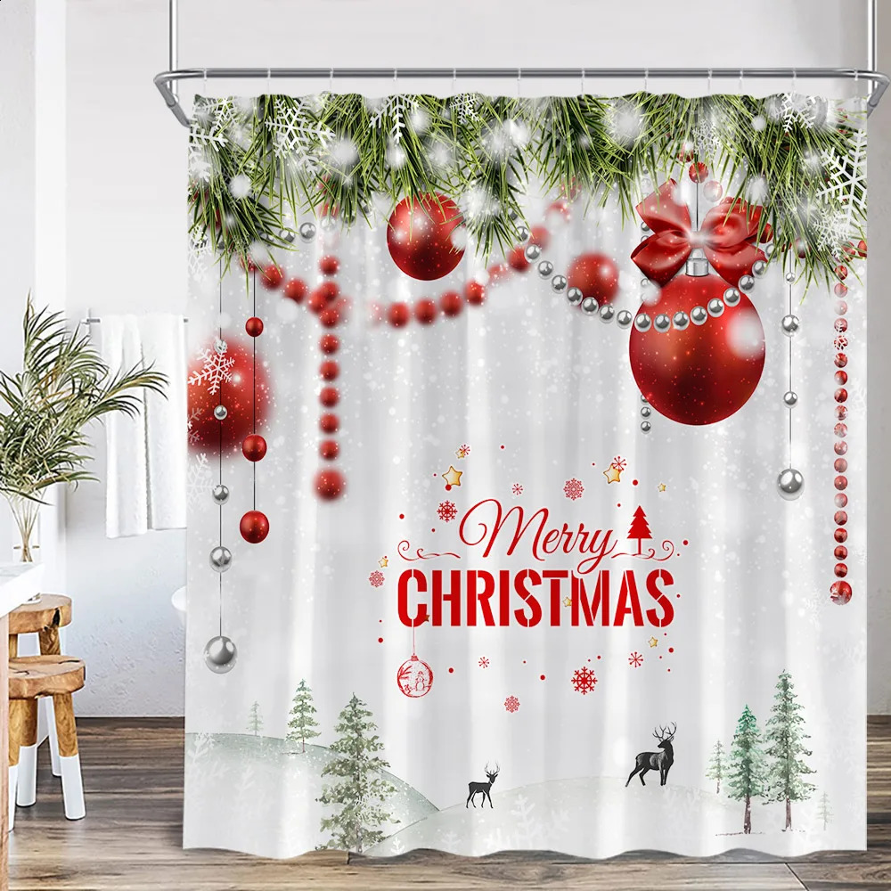 Chritsmas Shower Curtain Red Silvery Ball Xmas Balls Snowflake Pine Leaves Merry Christmas Winter Polyestert Bath Curtain Decor 241119