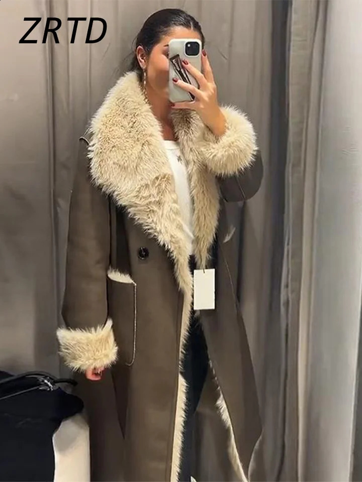 Elegant Womens Suede Fleece Lining Trench Coat Lapel One Button Full Sleeve Long Overcoat 2024 Winter Lady Reversible Outwear 241119