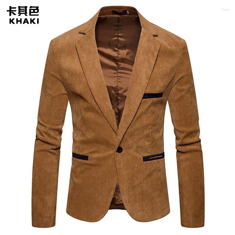 Men's Suits Spring And Autumn Fashion Corduroy Slim Single Button Suit Jacket Casual Spell Color Small Young Man B4