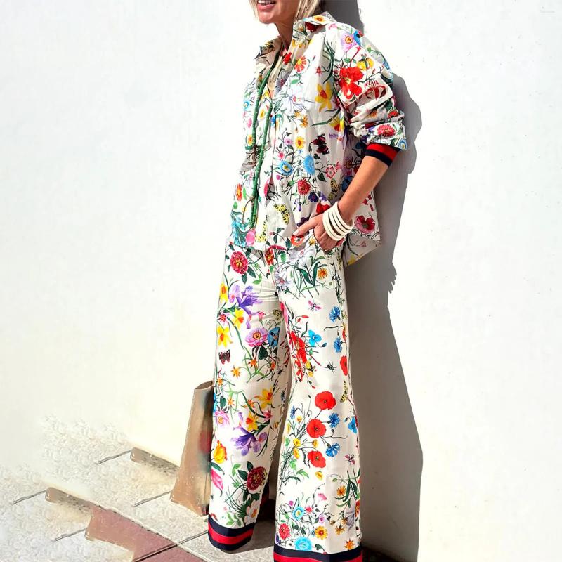 Womens Two Piece Pants Combhasaki Vintage 2 Pieces Aesthetic Floral Print Outfits Set Long Sleeve Button Down Lapel Shirts Wide Leg