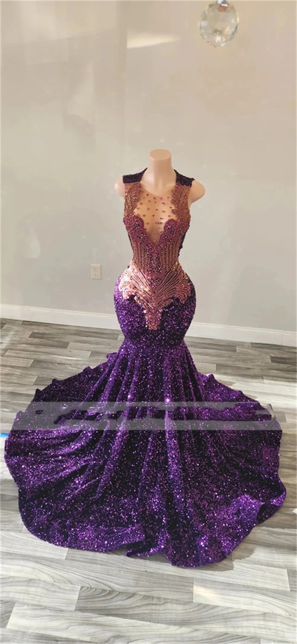 Purple O Neck Long Prom Dress For Black Girls 2024 Beaded Crystal Birthday Party Dresses Sequined Evening Gowns Gown Robe De Bal