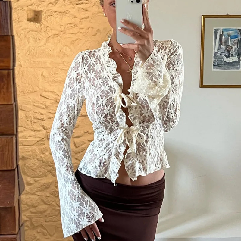 hirigin Elegant Women Summer Lace Floral Tops Flare Long Sleeve Tie Front Sheer Slim Crop Cardigan Clubwear blusa mujer moda 240409