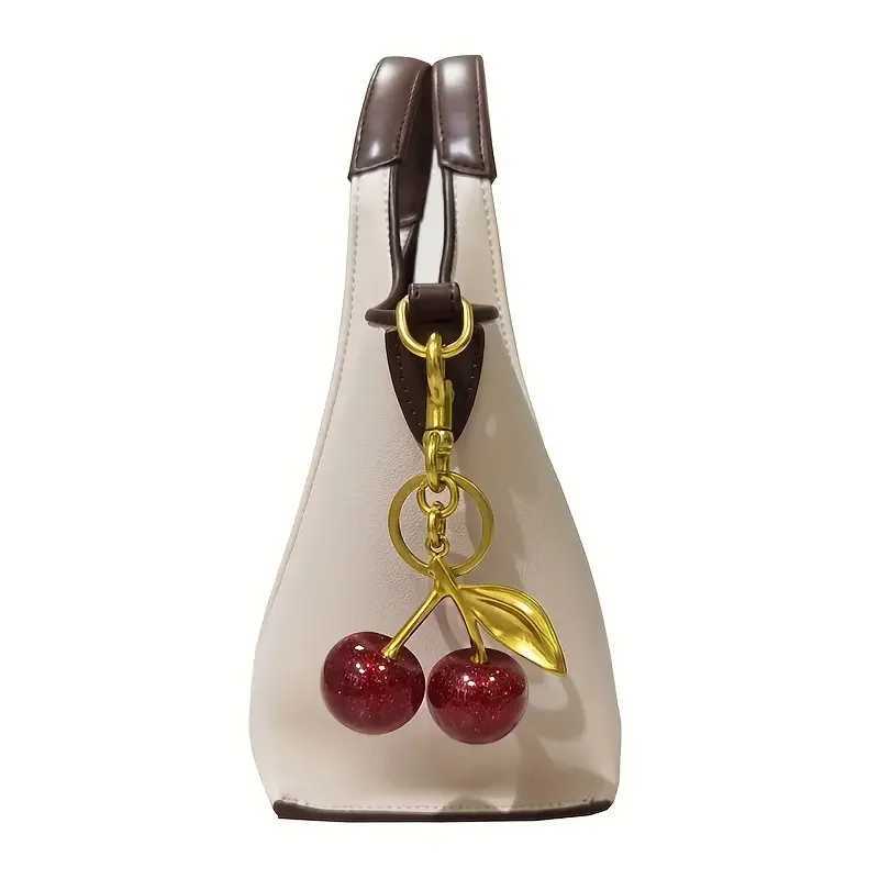 Keychains Lanyards Bag Parts Accessories Chic Cherry Keychain with Sparkling Resin Pendant - Alloy Customizable C-Hook Closure for Womens Wallets Bags