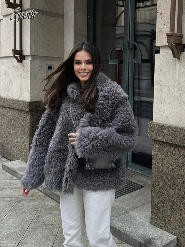 Elegant Grey Thicken Faux Fur V Neck Coat Women Fashion Long Sleeve Plush Warm Cardigan Jacket Female High Streetwear 241120