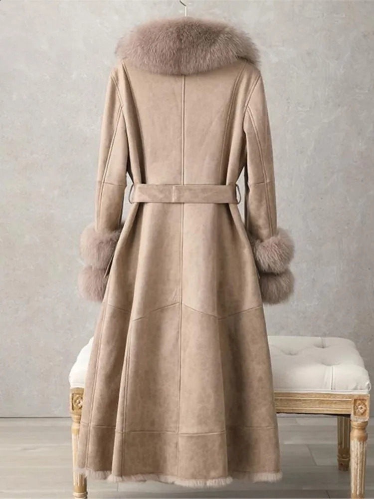 Rabbit Skin Fur Warm Thick Coat Vintage Winter Medium Long womens Knee Fox Collar 241120