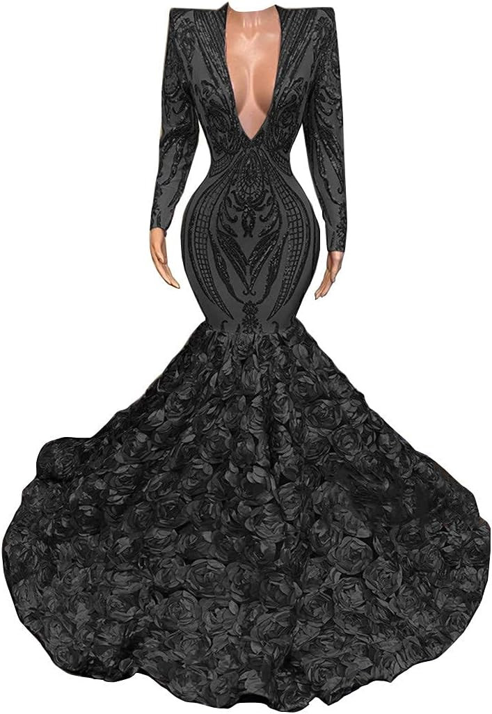 Sexy Mermaid Sequined V-Neck Prom Dresses Long Sleeve Party Dresses Champagne Flowers Sweep Train Formal Occasion Dress Evening Dresses for Women