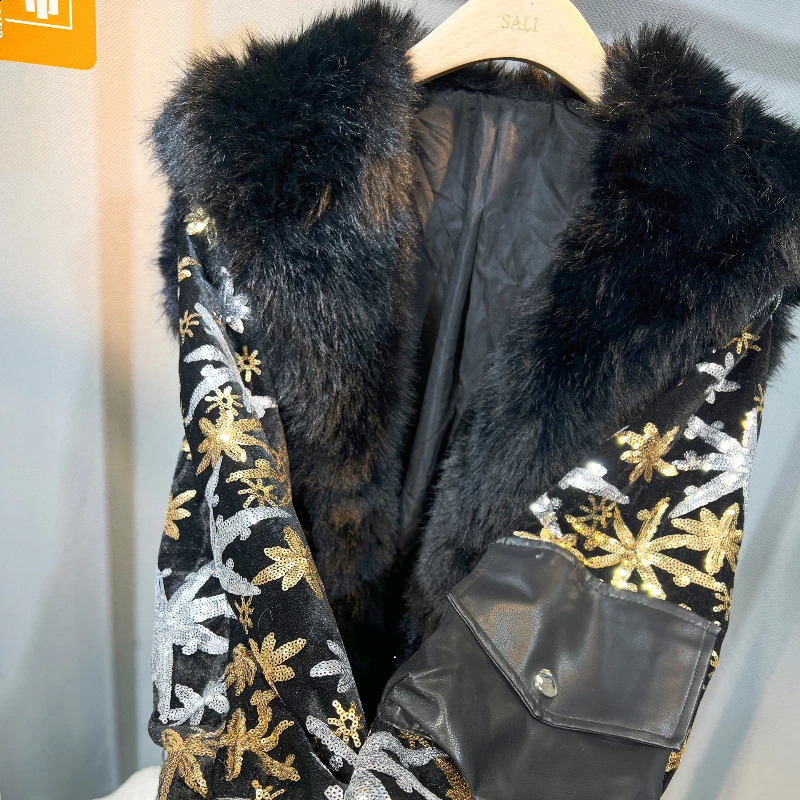 Winter Sequins Shawl Faux Woolen Coat With Big Fur Collar For Women