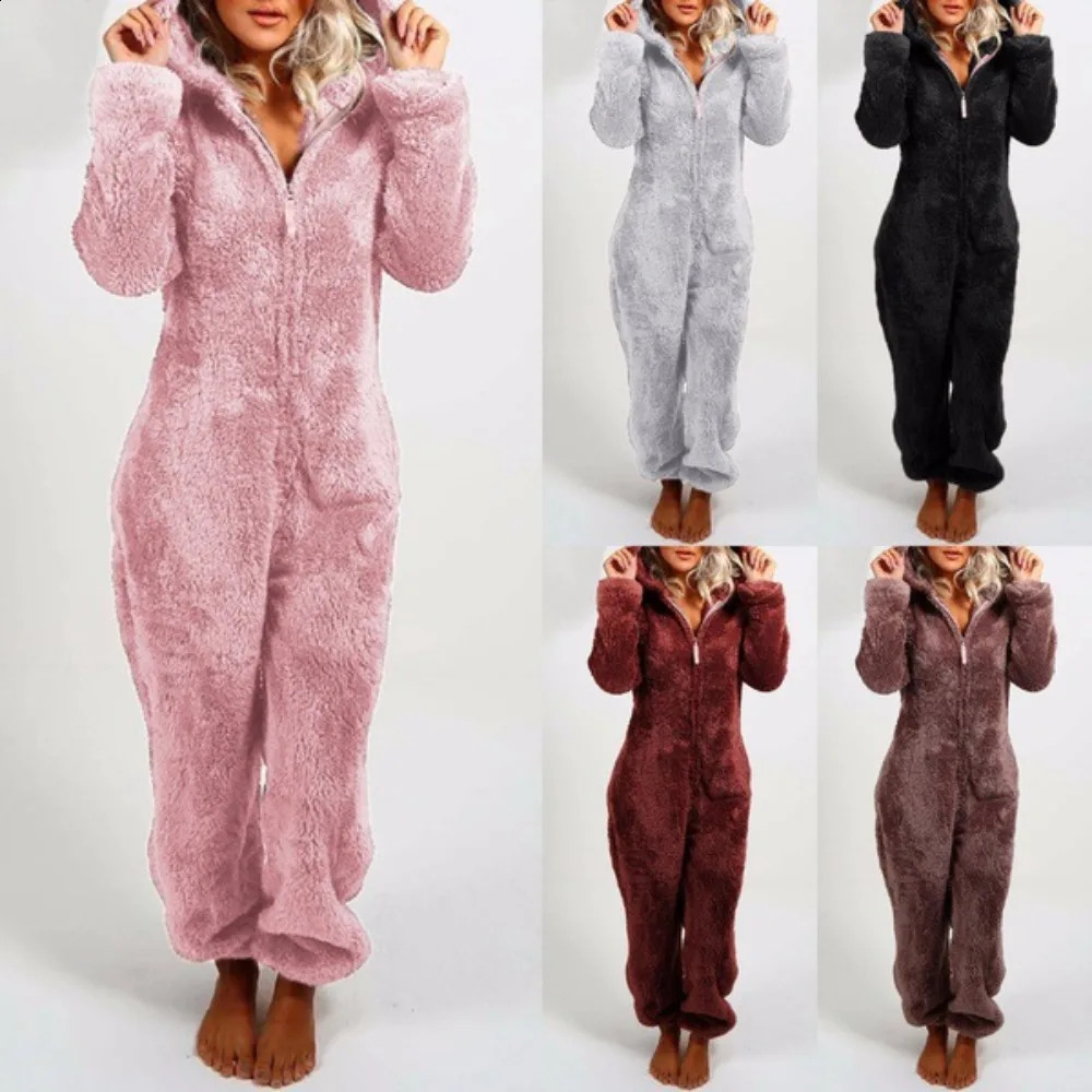 2024 Style European and American Autumn and Winter Velvet Thickened Furry Jumpsuit Hooded Pajamas for Women 22 Colors 241119