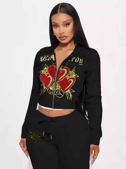 Ed Hardies designer Tracksuits Women 2 Piece Set Outfits Strapless Casual Printed Pants Y2k Straight Trousers Street Zipper Hooded versatile fashion