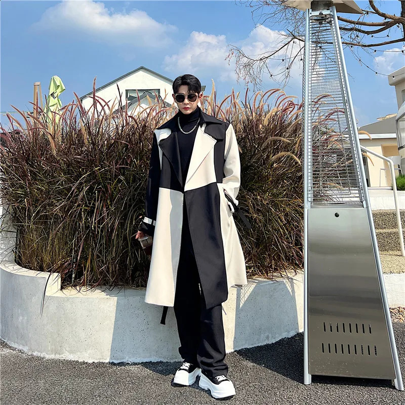 Autumn Winter Korean Fashion Contrast Color Trench Coat Mens High Quality Casual Long Jackets Gabardina Hombre 241120