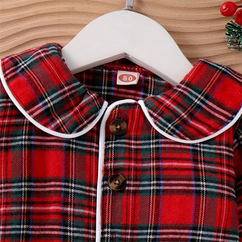 2025 Kids Girls Christmas Pajamas Sets Red Plaid Long Sleeve Turn Down Collar Shirts Tops with Elastic Waist Pants Sleepwear 241120