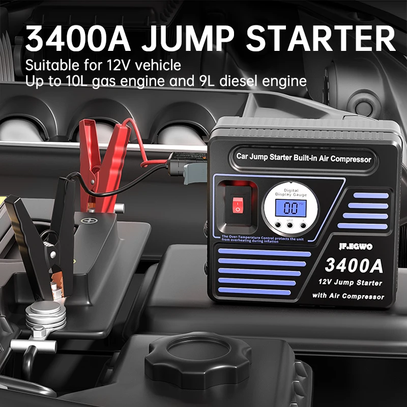 JF.EGWO 24000mAh Car Jump Starter With Air Compressor 150PSI Tire Inflator 3400A Auto Engine Battery Charger Booster Power Bank
