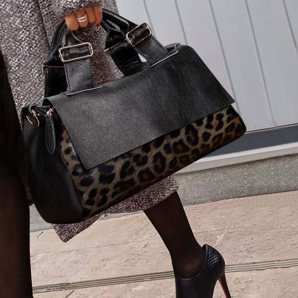 Genuine Leather Tote Handbags For Women, Leopard Shaped Cow Skin Office Bag With Long Strap, Crossbody Shoulder Bags Zipper Style BagVoyage