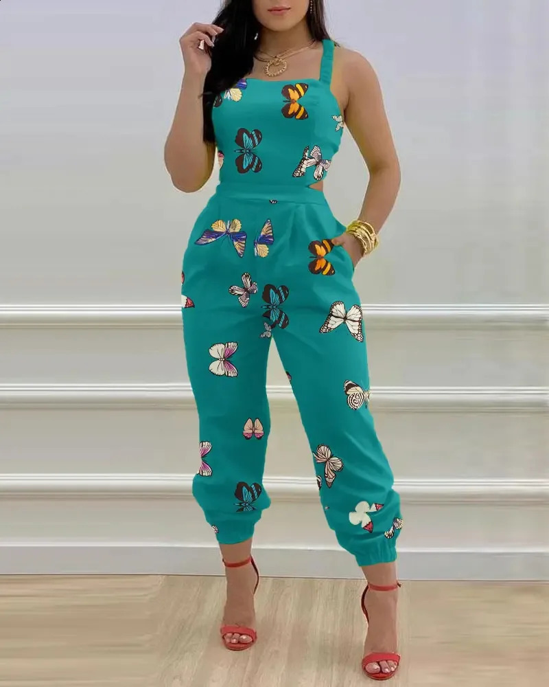Elegant womens jumpsuit summer fashion with hollow sexy outer waist printed jumpsuit 241118