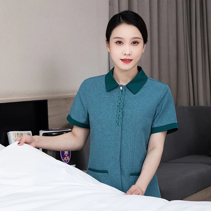 Cleaning Work Clothes Short Sleeve Summer el Cleaner Clothing Aunt Half Service Uniform Women 240418