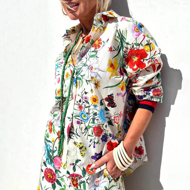 Womens Two Piece Pants Combhasaki Vintage 2 Pieces Aesthetic Floral Print Outfits Set Long Sleeve Button Down Lapel Shirts Wide Leg