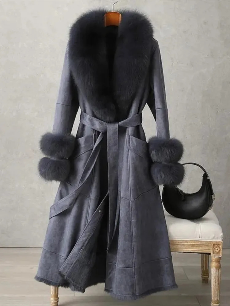 Rabbit Skin Fur Warm Thick Coat Vintage Winter Medium Long womens Knee Fox Collar 241120