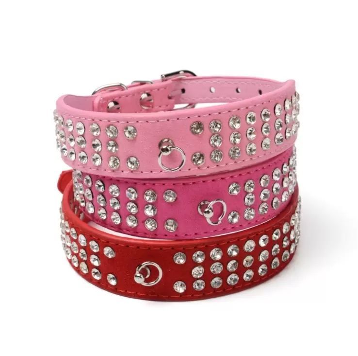 Peronalized Length Suede Skin Jeweled Rhie Pet Dog Collar Three Row Sparkly Crytal Dia Studded Puppy Collar In Tock