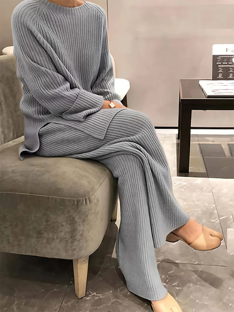 Plus Size Womens Casual Wear Set Solid Color Pullover Two Piece Knitted Sweater Round Neck Cardigan Long Sleeve Suit Trousers 241120