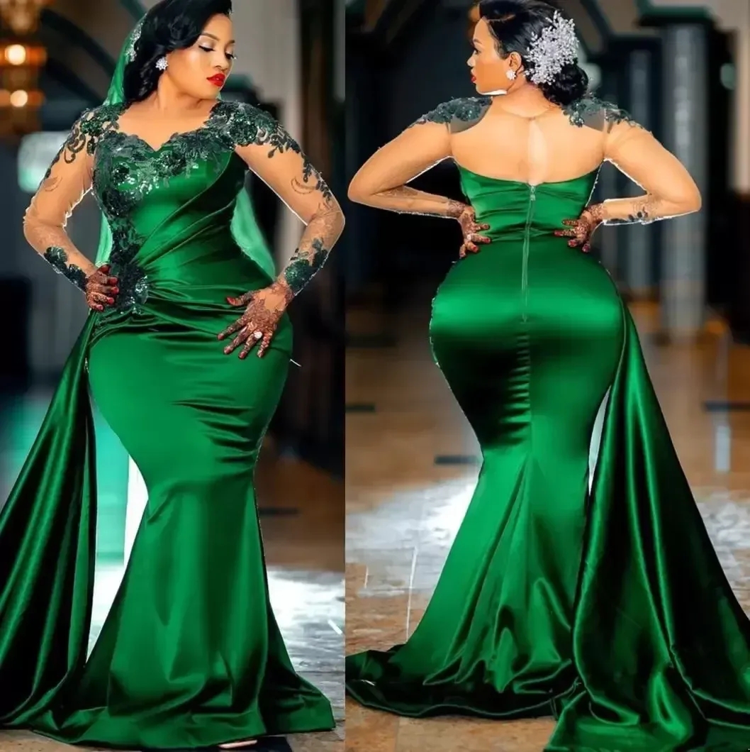 Arabic Aso Ebi Dark Green Mermaid Evening Dresses Sheer Long Sleeve Lace Appliques Jewel Neck Prom Gowns Formal Party Second Reception Dress Plus Size