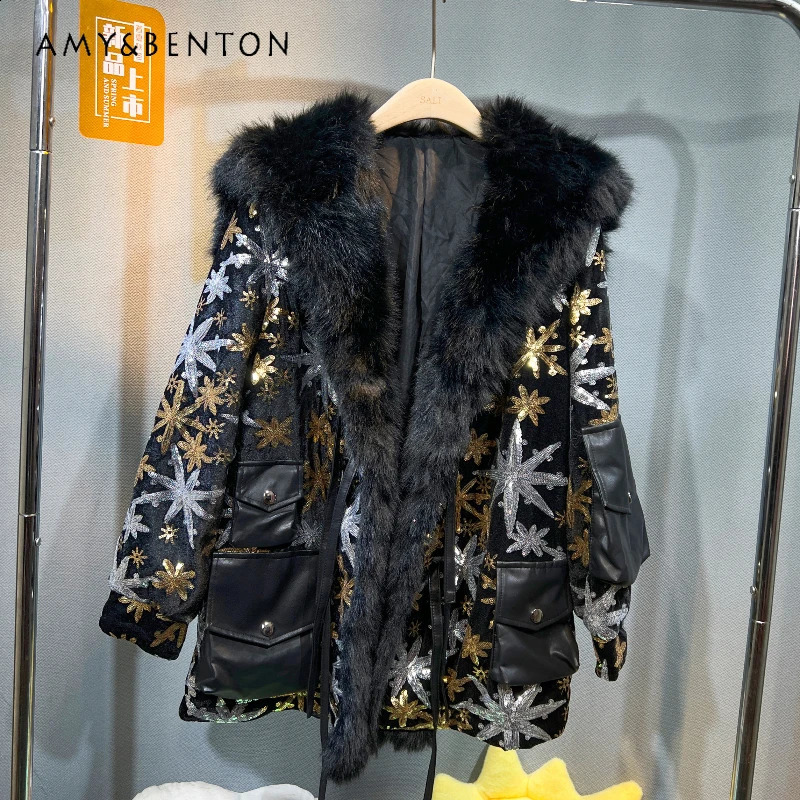 Winter Sequins Shawl Faux Woolen Coat With Big Fur Collar For Women