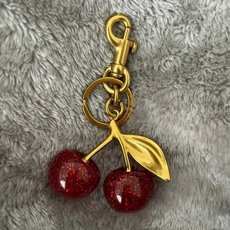Keychains Lanyards Bag Parts Accessories Chic Cherry Keychain with Sparkling Resin Pendant - Alloy Customizable C-Hook Closure for Womens Wallets Bags