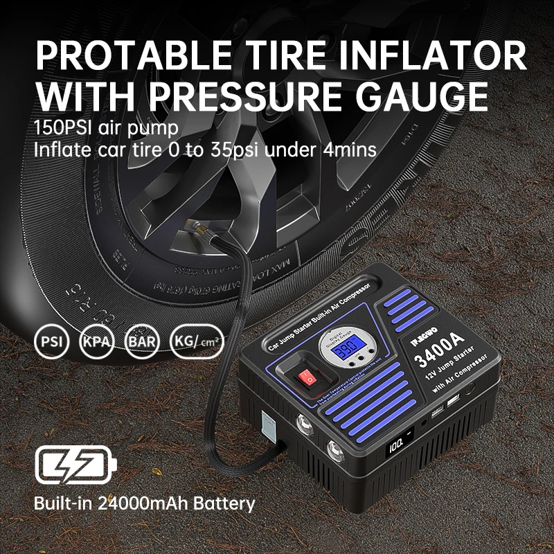 JF.EGWO 24000mAh Car Jump Starter With Air Compressor 150PSI Tire Inflator 3400A Auto Engine Battery Charger Booster Power Bank