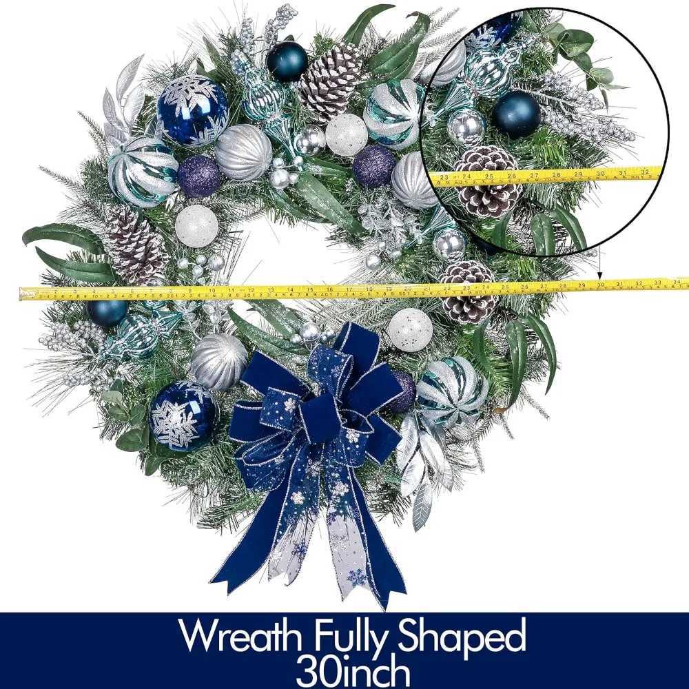 30 Inch Pre-Lit Christmas Wreath for Front Door with Lights Large Lighted Christmas Wreath with Silver Blue zyc241120