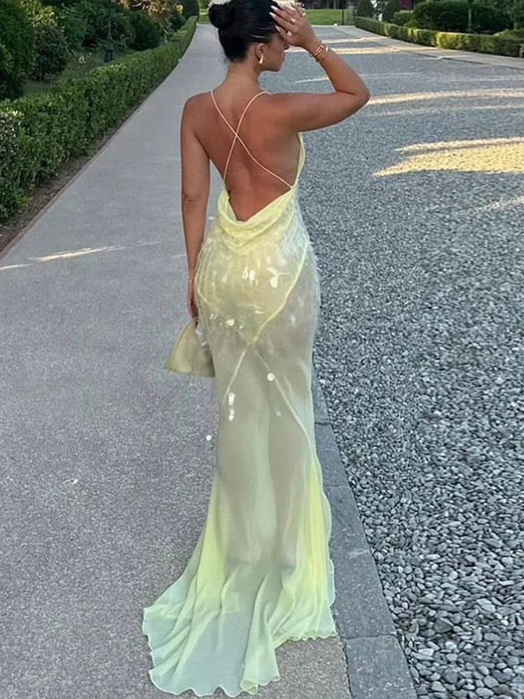 Women Sexy Backless Sequins Dress Vneck Sling Maxi Gown High Waisted Slim Dresses Chic Lady Party Evening Robes 241119