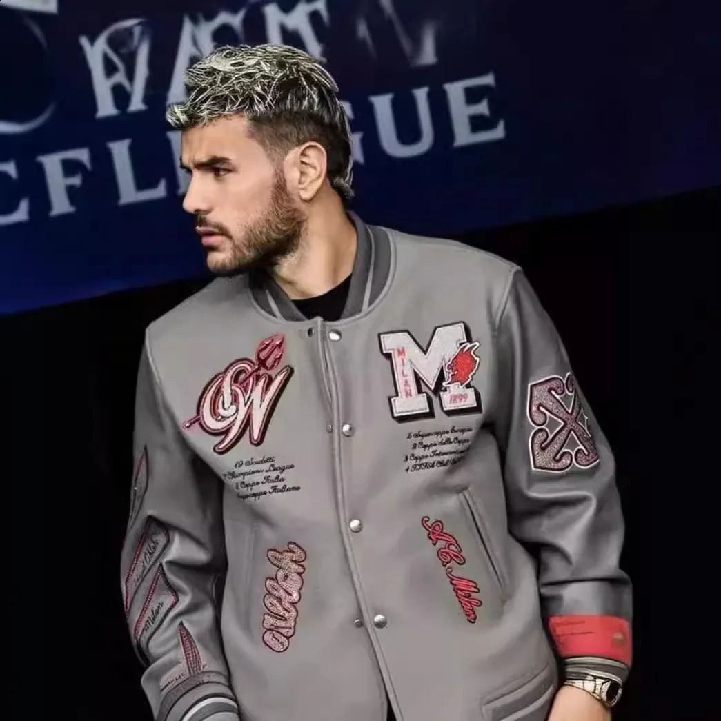 Trend Football Fashion Mens Embroidered Bomber Jacket Hip Hop Letter Splicing Leather Baseball Clothing Y2K Jacket 241119