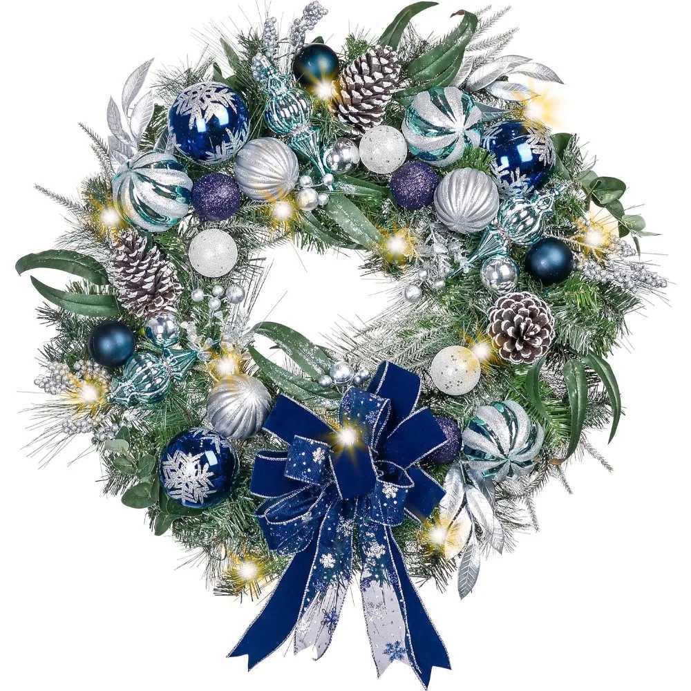 30 Inch Pre-Lit Christmas Wreath for Front Door with Lights Large Lighted Christmas Wreath with Silver Blue zyc241120