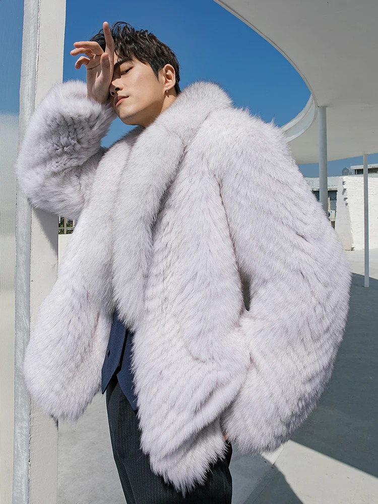 Blue Fox Fur Winter Coat For Men | Genuine Leather Jacket