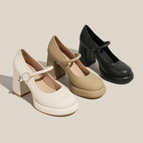 Dress Classic Mid heeled boat Designer shoe Belt buckle Thick heel high heels Tassels Round head Metal Button women shoes Large Eur36-42