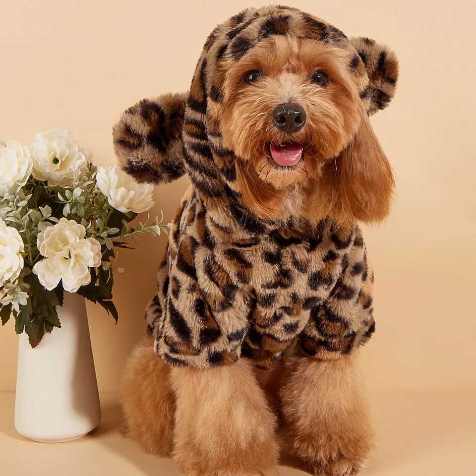 Pet hoodies for small and medium-sized dogs leopard dog hoodies with ears plush dog clothing pet clothing X241119