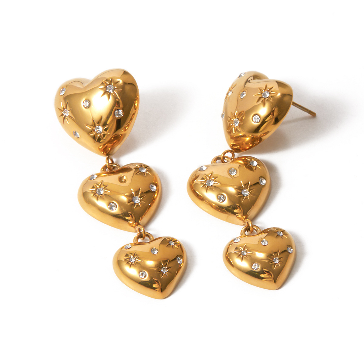 Designer's New 18k Gold Stainless Steel Diamond Heart Shaped Long Pendant Earrings for Women's Feeling Design with Inlaid Diamond Heart Tita