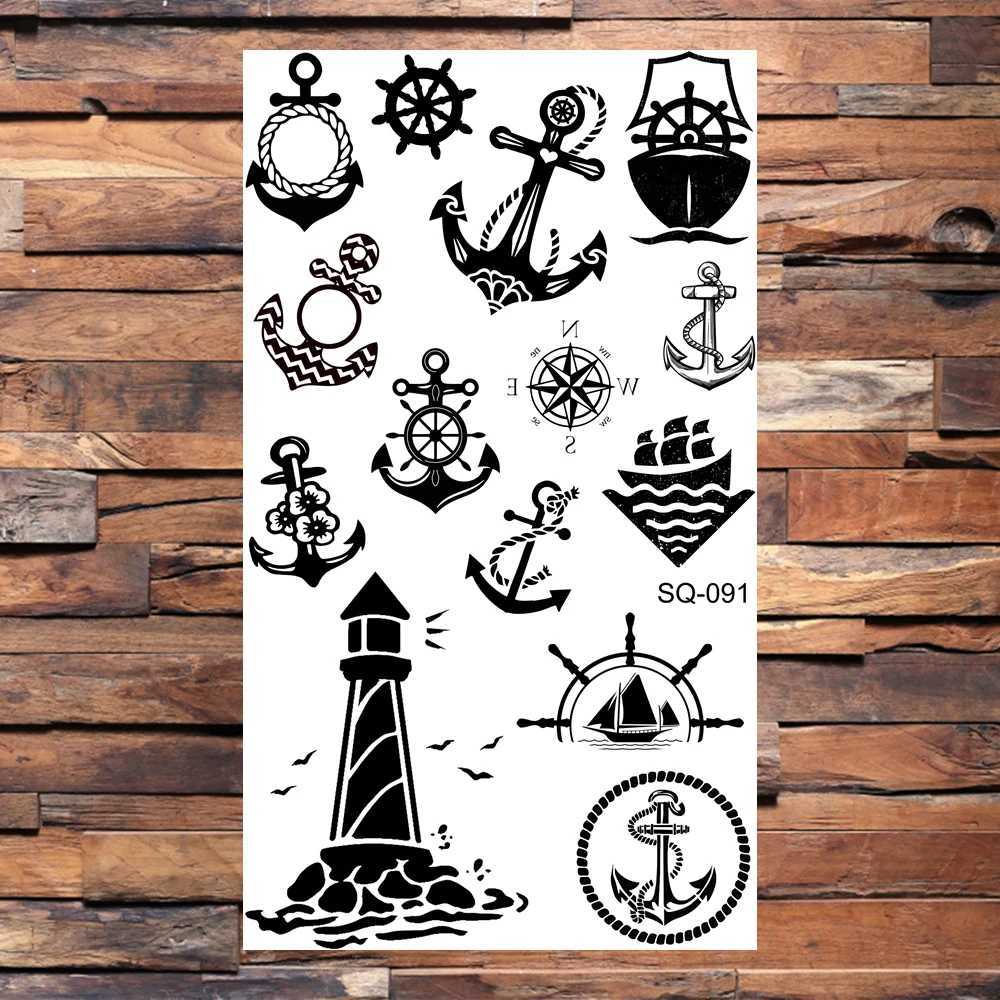 Black anchor temporary tattoo suitable for adults real compass pirate lighthouse unlimited fake tattoo stickers body and arm tattoosXJ25414