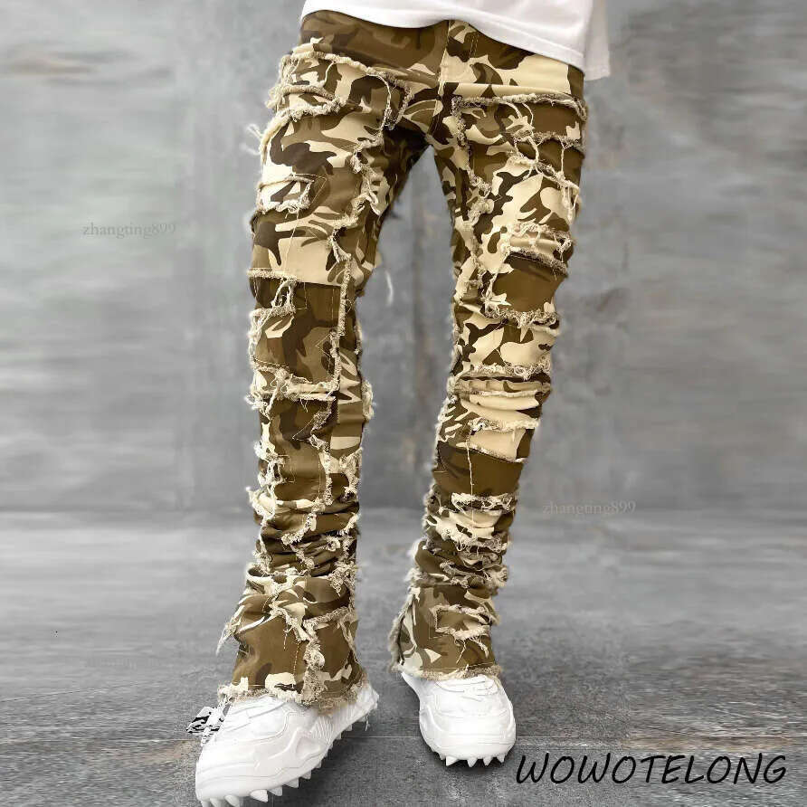 2024 New Premium Vintage Blue Stacked Jeans For Men Stretchy Raw Frayed Denim Destroyed Washed Patchworks Pants