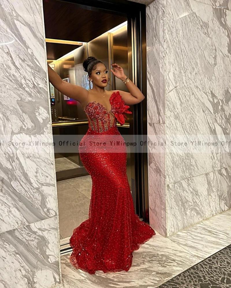 Party Dresses Red Mermaid Evening Sheer Neck Sequined Beading 3D Floral Aso Ebi Wedding Gowns Award Celebrity Dress
