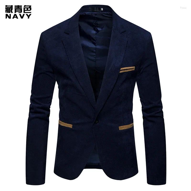 Men's Suits Spring And Autumn Fashion Corduroy Slim Single Button Suit Jacket Casual Spell Color Small Young Man B4
