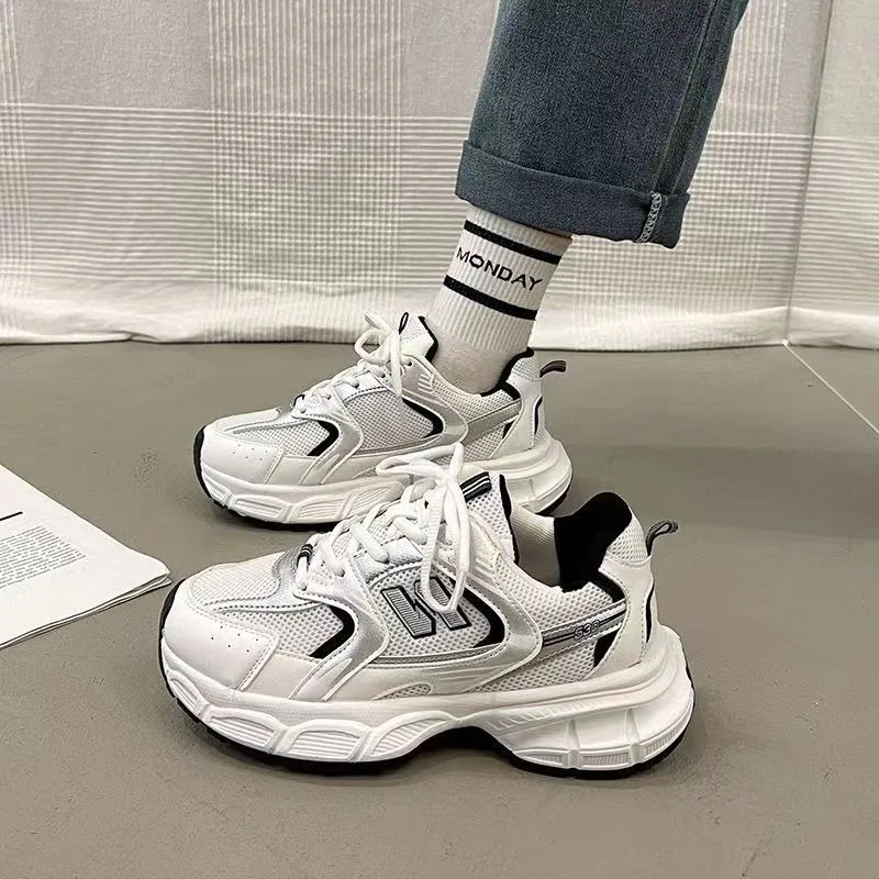 Spring and Autumn Ins Style Casual Lace-up Thick-soled Sports Shoes 2024new Letter Brand Design Breathable Mesh Skateboard Shoes