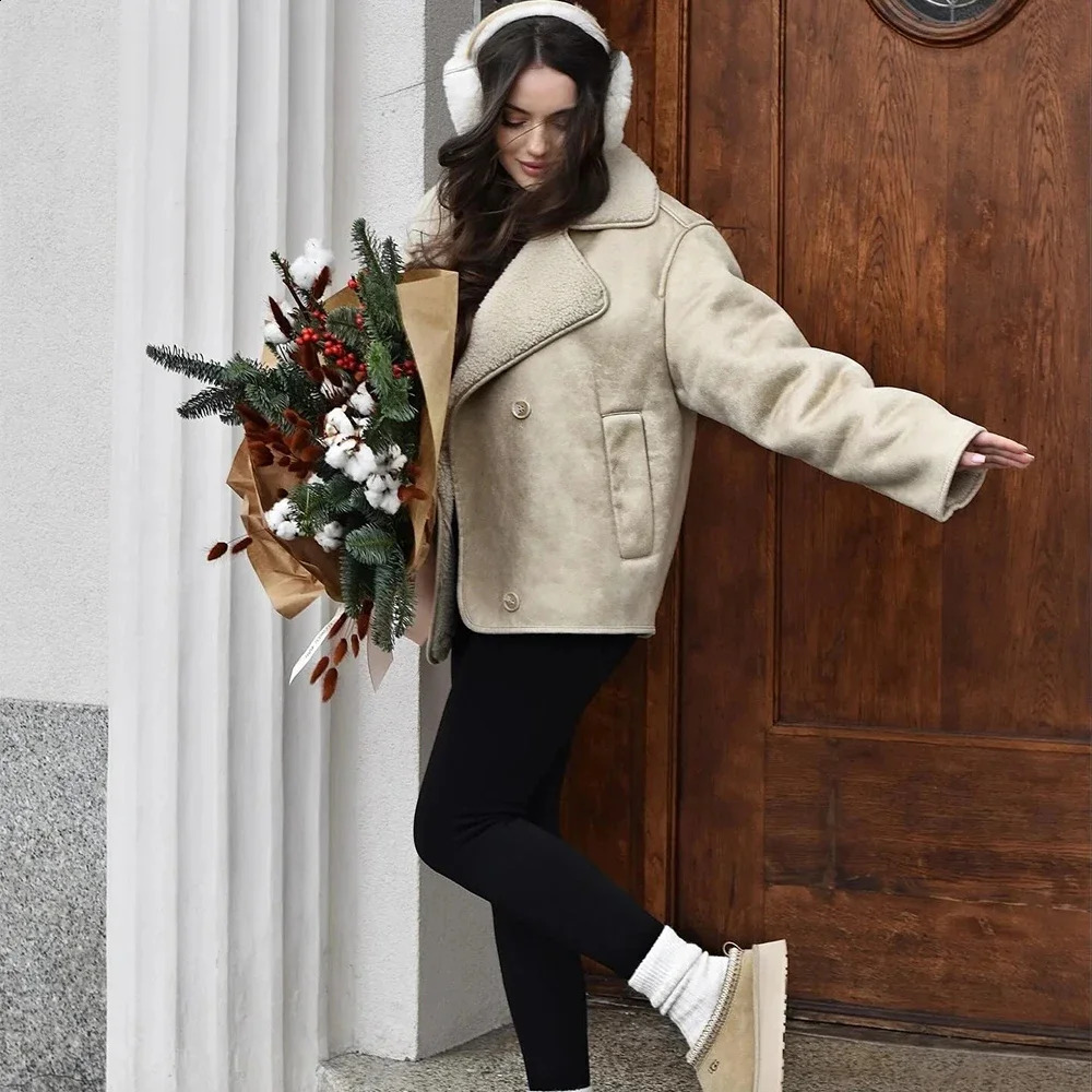 Womens Thick Artificial Leather Jacket Autumn Winter Warm Wool Blended Jacket Plush Double sided Jacket Pocket Jacket 241119