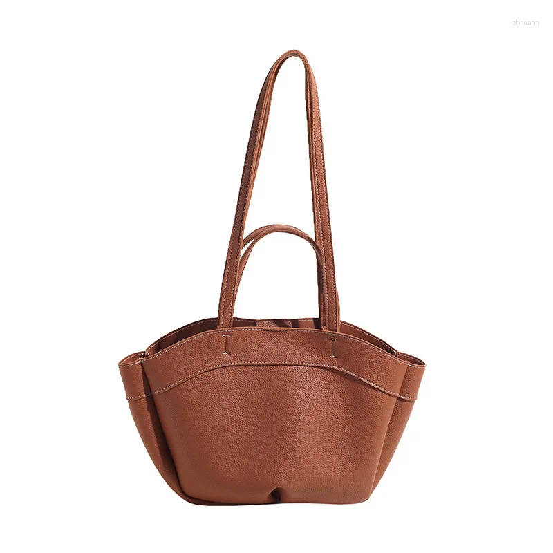 2025 NEW Drawstring Commuter Large Capacity Handbag High-grade Basket Bag Simple Versatile Brown Women's Double Straps Shoulder zhanyishengli