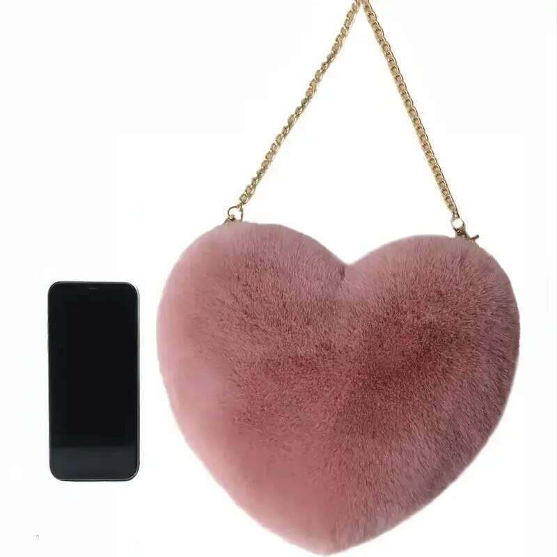 Heart Shaped Fluffy Shoulder Fashion Chain Crossbody Bag Plush Handbag Cute Zipper Purse For Valentine's Day