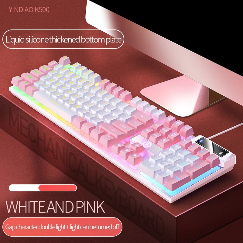 K500 Pink Keyboard Mixed Color White Keycaps 104 Keys Wired Gaming for Laptop PC 240418