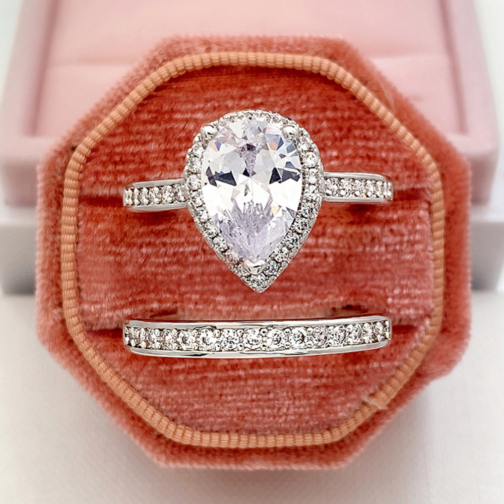 2024 Drop Ship Wedding Rings Luxury Jewelry 925 Sterlig Silver Champagne Rose Gold Fill Pear Shape 5A Zircon CZ Diamond Party Women Bridal Ring Set Gi