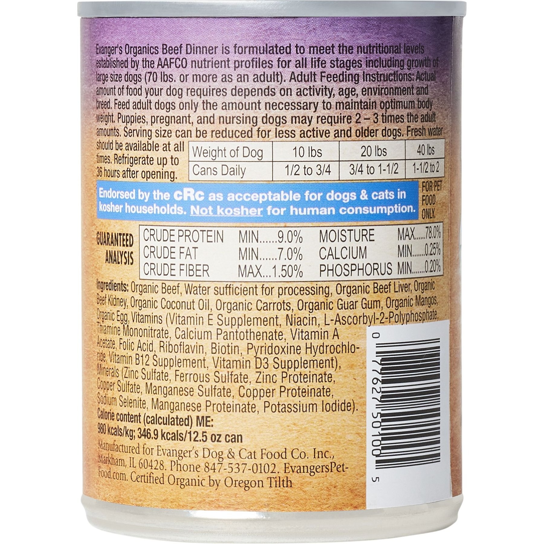 Evanger's Organics Beef Dinner Grain-Free Canned Dog Food